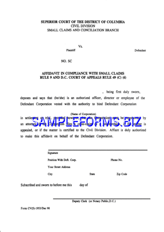 District of Columbia Affidavit in Compliance with Small Claims Form